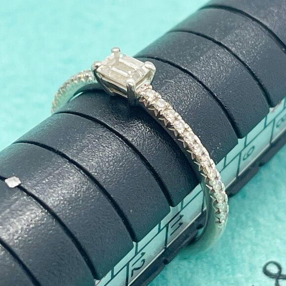 Tiffany & Co. Novo Horizon Platinum Emerald Cut & Round Diamond Ring Size 4.75 - Picture 10 of 14